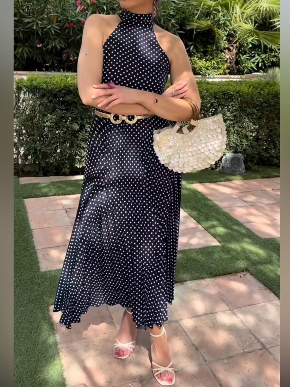 ZARA Navy Polka Dot Halter Maxi Dress with Brown Belt - Picture 9 of 13